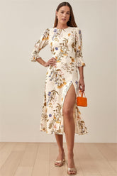 Floral Crew Collar Mid Sleeve Slit Midi Dress